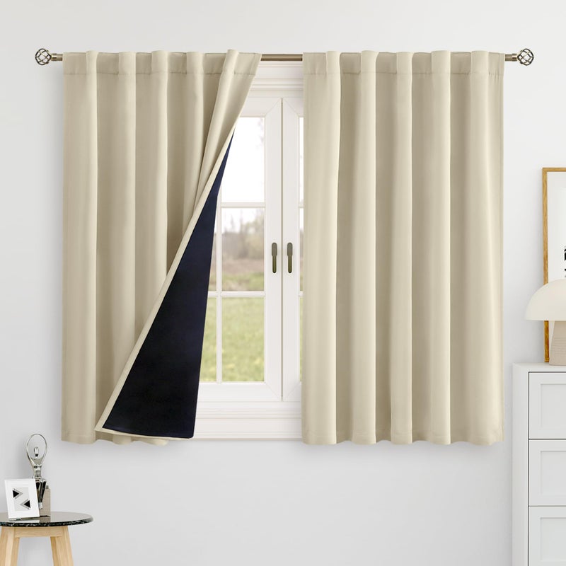 BGment Beige 100% Blackout 48 Inch Curtains for Small Window, Rod Pocket and Back Tab Double Layer Black Out Thermal Insulated Room Darkening Curtain for Kitchen, 2 Panels, Each 42 x 48 Inch - Image 1