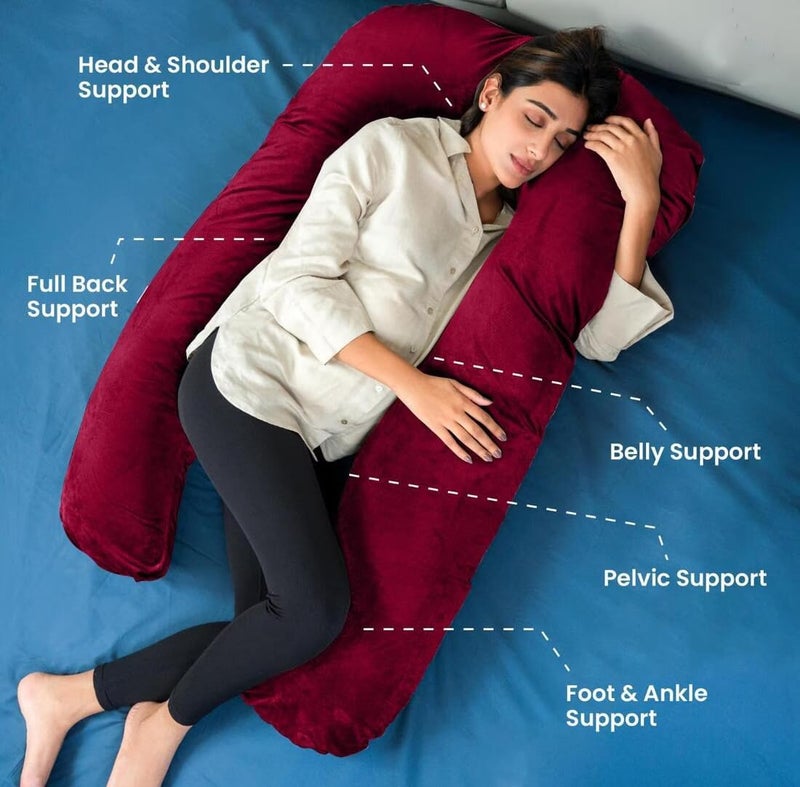 Kwality Dreams Kwality Dreams Pregnancy Pillow for Pregnant Women Maternity Pillow Pregnancy Gifts for Women Maternity Pillows for Pregnancy Sleeping Washable Velvet Cover 6 Months Warranty UShapeRed150cm - Image 1