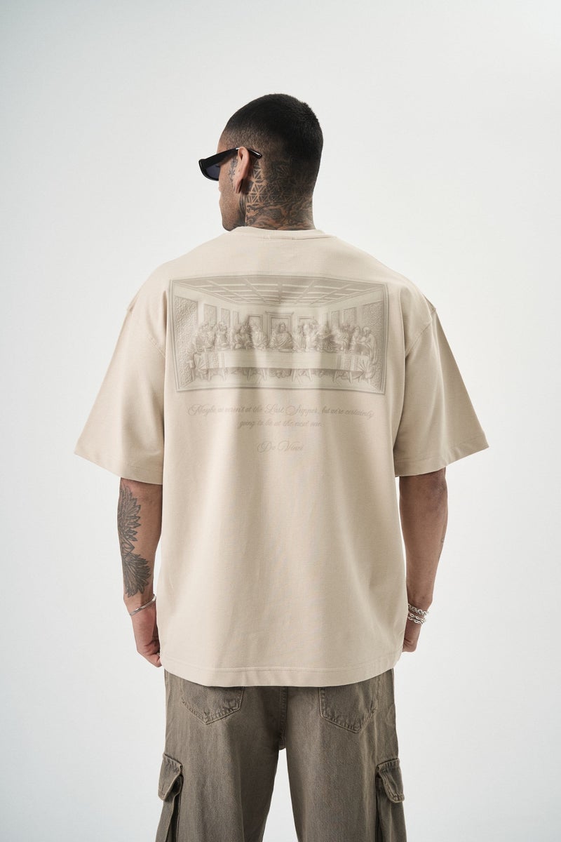 RESPIRE Men's Da Vinci Print Oversize T-Shirt, Beige - Image 1