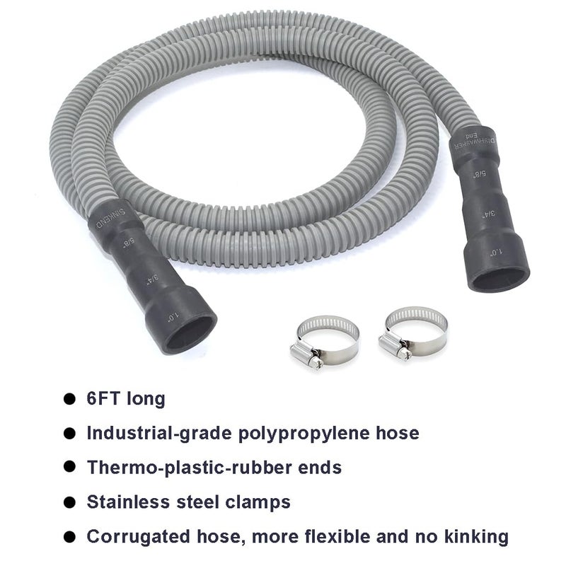 TT FLEX Universal Dishwasher Drain Hose - 6 Ft Discharge Hose - Corrugated And Flexible Dishwasher Hose Drain Replacement With Clamp - Image 2