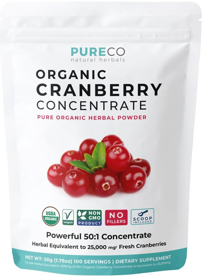 PURE CO USDA Organic Cranberry Concentrate (50:1) Powder - 500mg is Equivalent to 25,000mg of Fresh Cranberries - for Kidney Cleanse & UTI Support Vitamins - Women - Supplement - 100 Servings - No Pills - Image 1