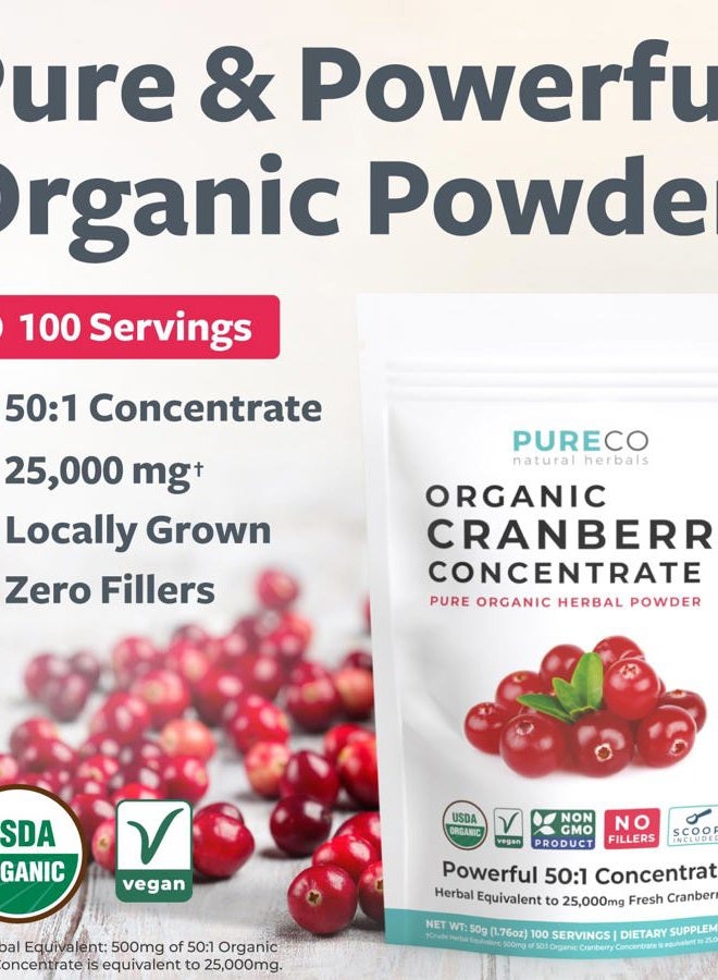 PURE CO USDA Organic Cranberry Concentrate (50:1) Powder - 500mg is Equivalent to 25,000mg of Fresh Cranberries - for Kidney Cleanse & UTI Support Vitamins - Women - Supplement - 100 Servings - No Pills - Image 2