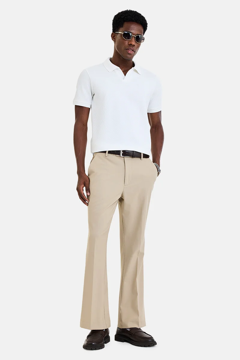 SNITCH Beige Solid Flared Fit Formal Trousers