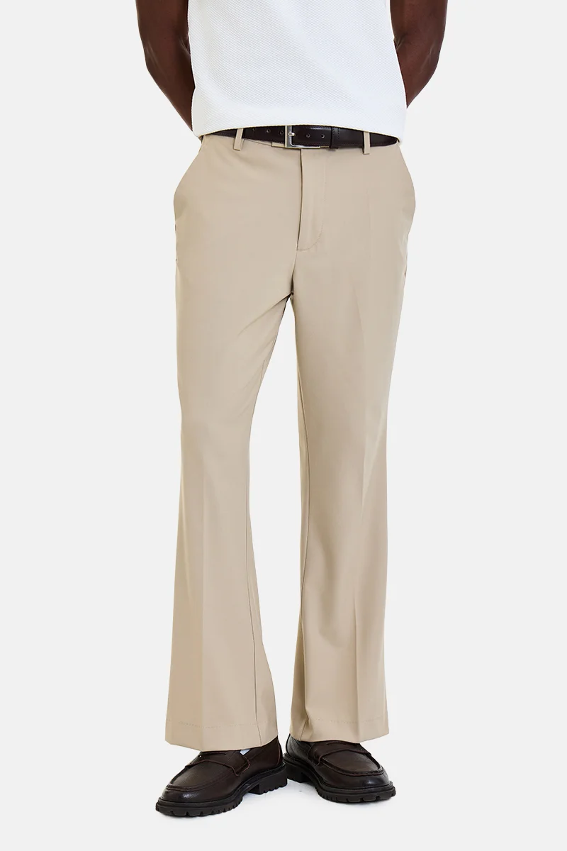 SNITCH Beige Solid Flared Fit Formal Trousers