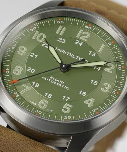 Hamilton Watch Khaki Field Titanium Auto | Swiss Made | 38mm Titanium Case | Green Dial Analog Watch | Brown Leather Strap (Model: H70205860) - Image 2