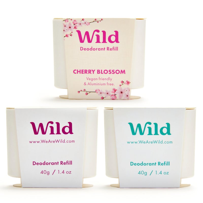 Wild Aluminum Free Refillable Deodorant Variety Pack for Men & Women - 98% Natural Ingredients - Includes Fresh Cotton & Sea Salt, Cherry Blossom, Coconut & Vanilla Scents - Long Lasting Protection - Image 1
