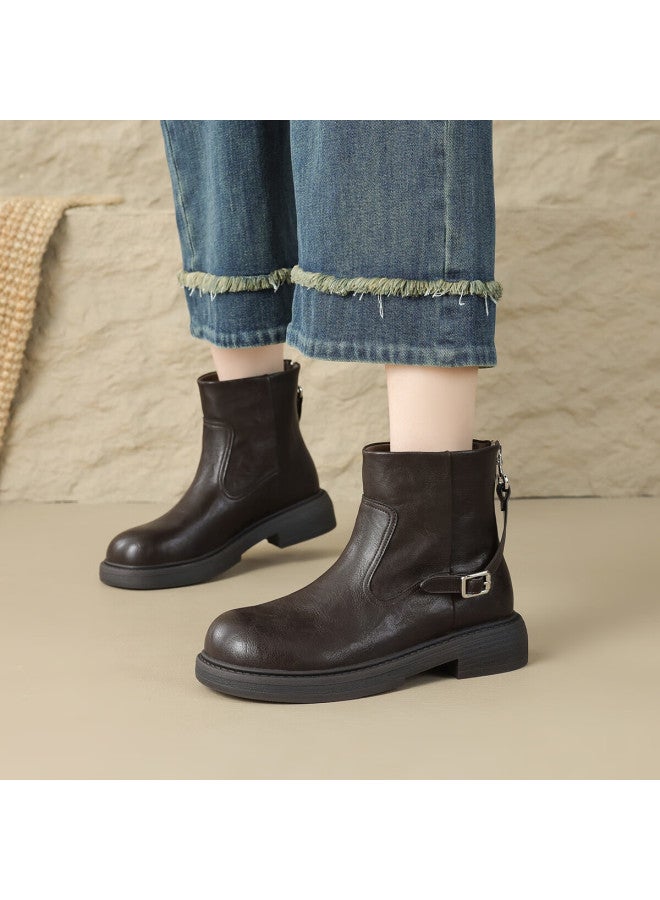 dme Demana Commuter Martin Autumn Winter Minimalist Solid Color Round Toe Zipper Belt Buckle Women's Ankle Boots - Image 2