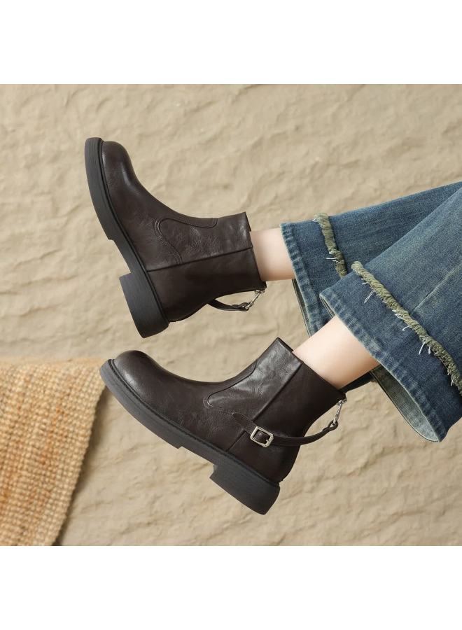 dme Demana Commuter Martin Autumn Winter Minimalist Solid Color Round Toe Zipper Belt Buckle Women's Ankle Boots - Image 1