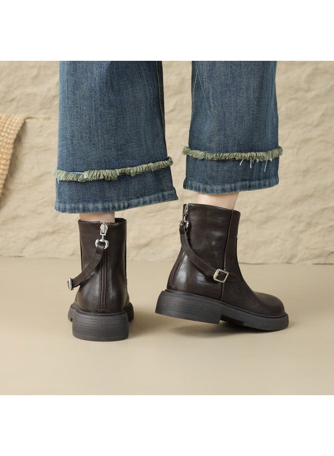 dme Demana Commuter Martin Autumn Winter Minimalist Solid Color Round Toe Zipper Belt Buckle Women's Ankle Boots - Image 4