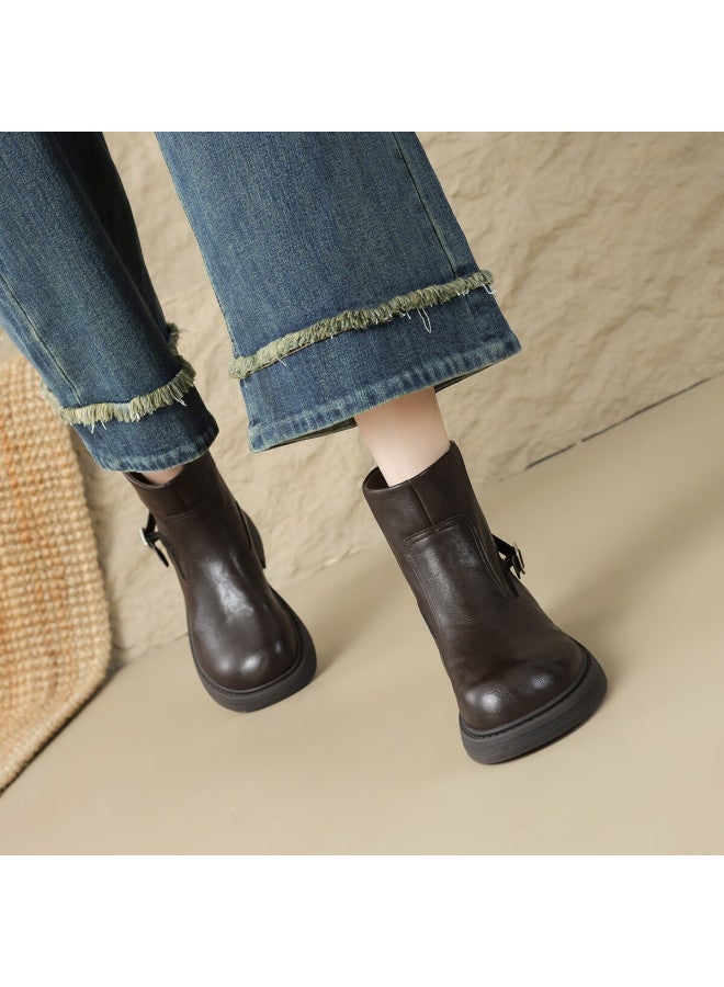 dme Demana Commuter Martin Autumn Winter Minimalist Solid Color Round Toe Zipper Belt Buckle Women's Ankle Boots - Image 5