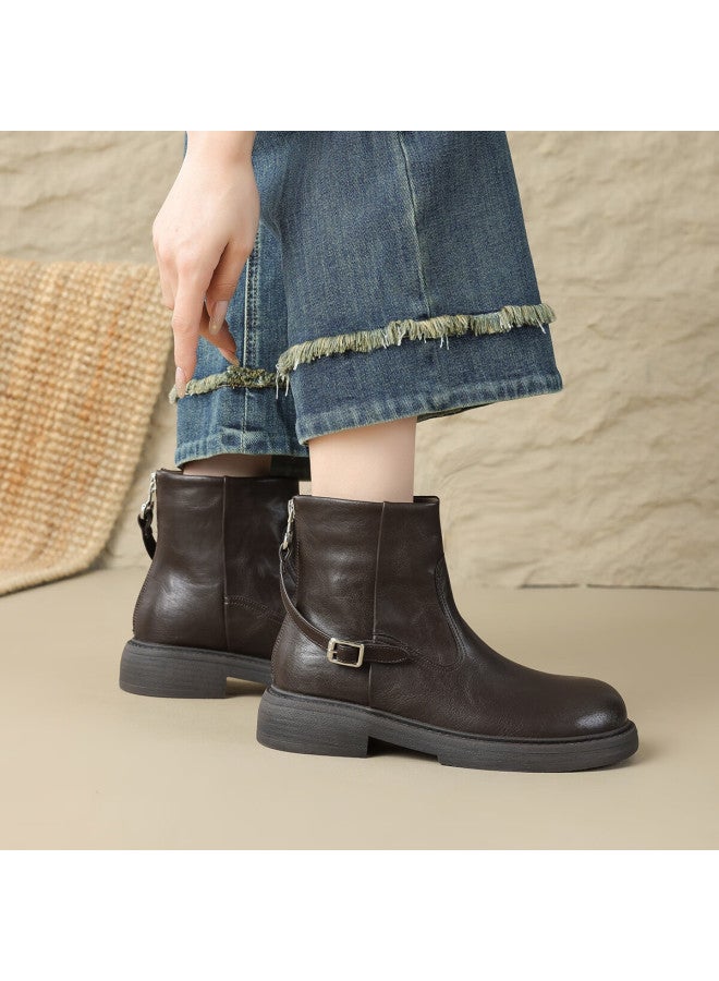 dme Demana Commuter Martin Autumn Winter Minimalist Solid Color Round Toe Zipper Belt Buckle Women's Ankle Boots - Image 3