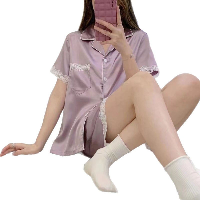 طقم بيجامة نسائي من الحرير الجليدي بأكمام قصيرة وشورت - Image 5