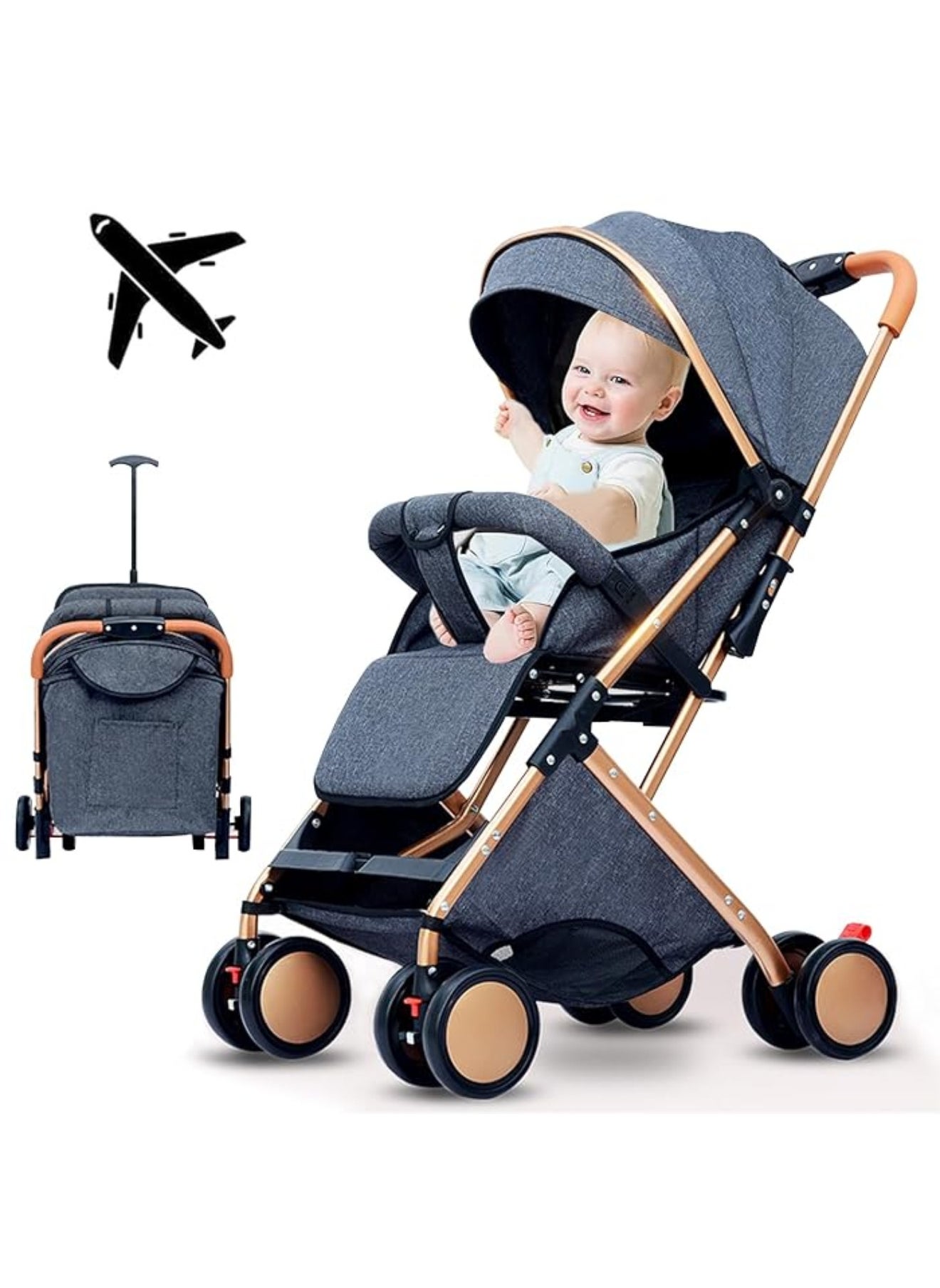 Compact One-Hand Foldable Travel Stroller with 5-Point Harness Lightweight Easy to Carry and Store - Gray 