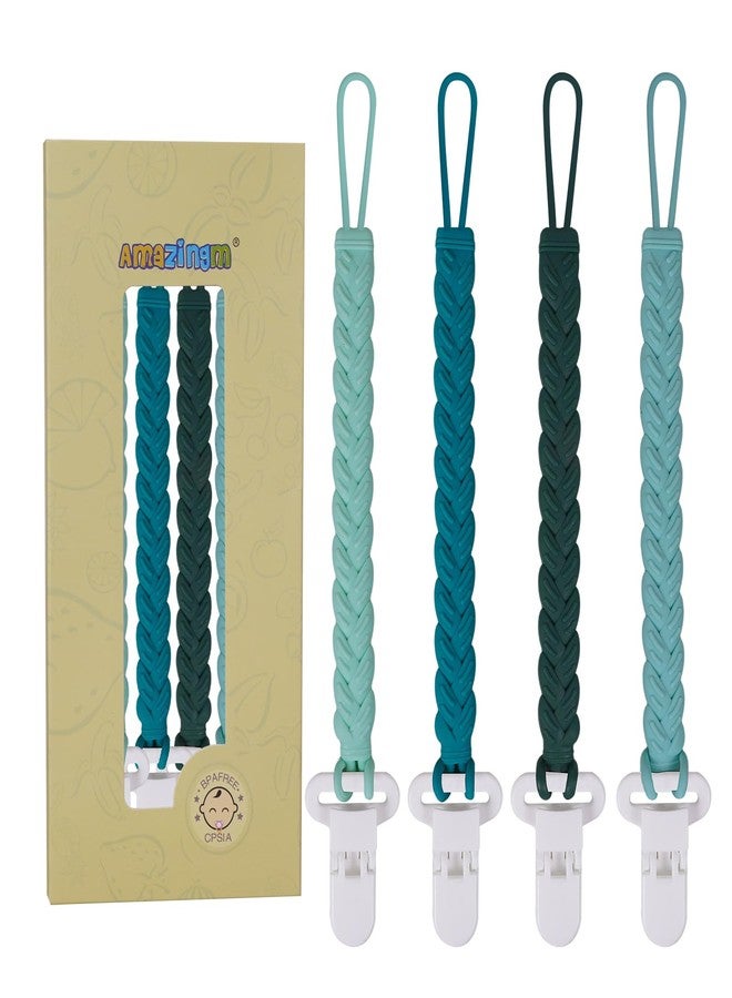 AmazingM Silicone Teething Pacifier Clip Holder,Pack of 4 Flexible Paci Leash,Binky Clips for 0-6 6-12 Moths Baby Boys and Girls,Newborn Essential,Woven Shape (Green) - Image 1
