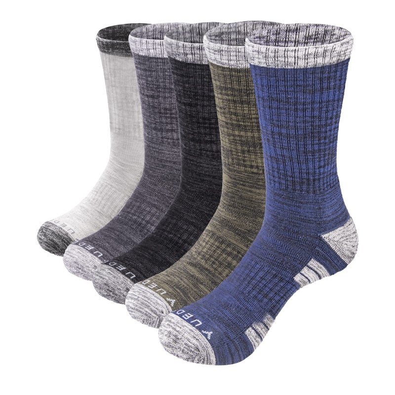 YUEDGE Mens Socks Moisture Wicking Anti-Odor Work Socks Padded Cotton Casual Hiking Athletic Cushioned Crew Socks For Men Size 9-11, Multicolor, 5 Pairs - Image 1