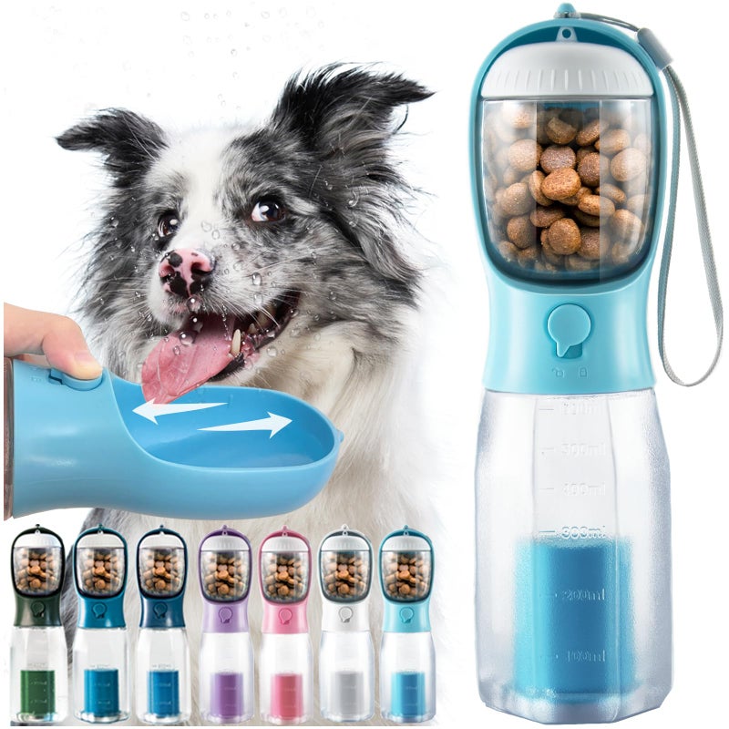 MoonyMars Portable Dog Water Bottle, 3-in-1 Dog Travel Water Bowl with Food Container & Poop Bag Holder, Pet Water Dispenser Summer Outdoor Walking Hiking Accessories for Large Dog - Blue, 19oz - Image 1