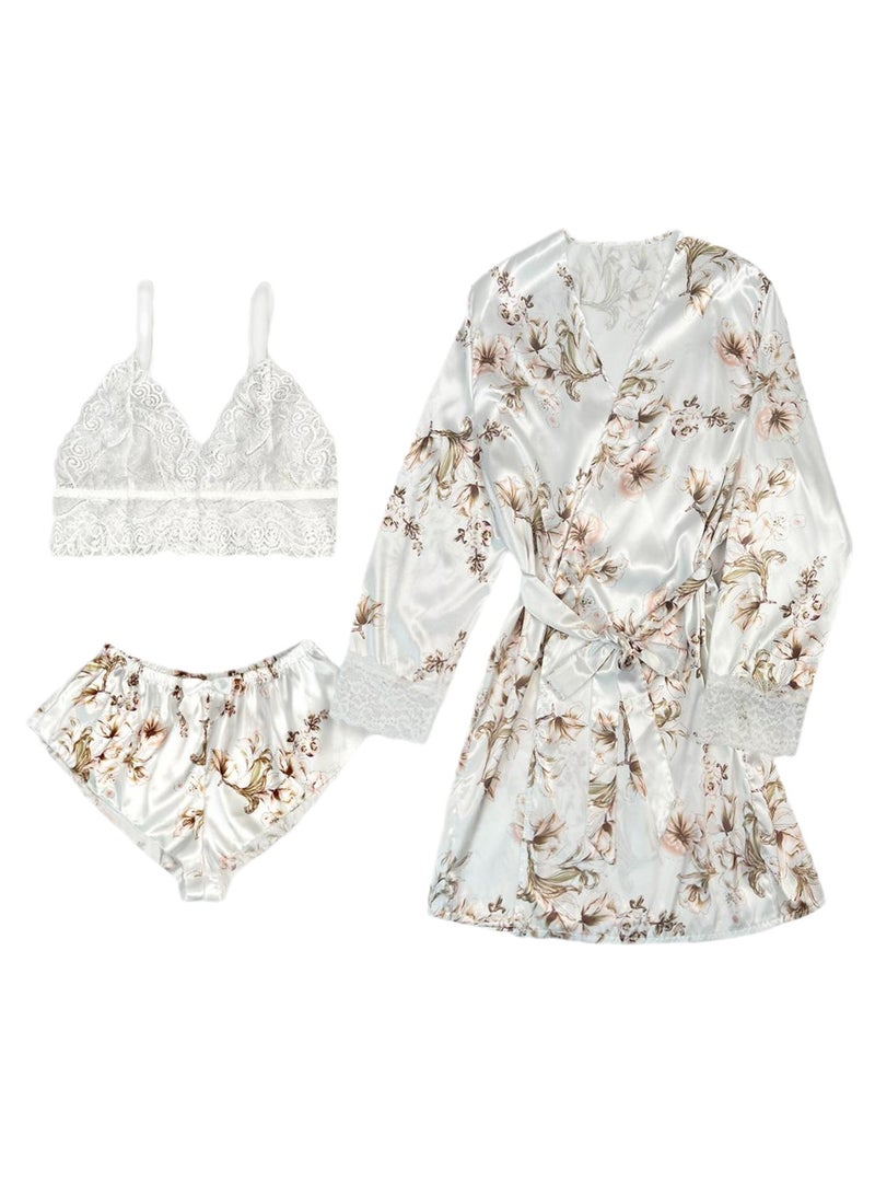 3pcs women's pajamas lace cardigan pajamas set - Image 1