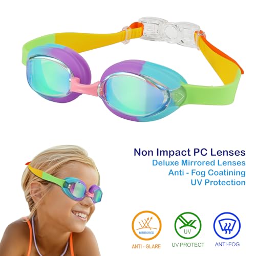 RUIGAO Swimming Goggles Kids 6-14, Anti Fog/Mirrored/UV Protection Pink/Rainbow Swim goggles with Case for Kids/Yoouth/Adult - Image 2