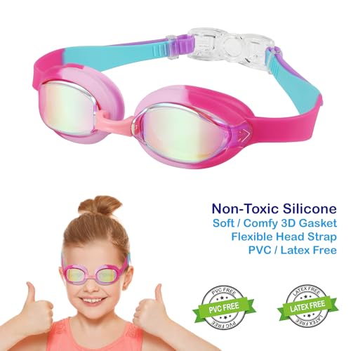 RUIGAO Swimming Goggles Kids 6-14, Anti Fog/Mirrored/UV Protection Pink/Rainbow Swim goggles with Case for Kids/Yoouth/Adult - Image 3