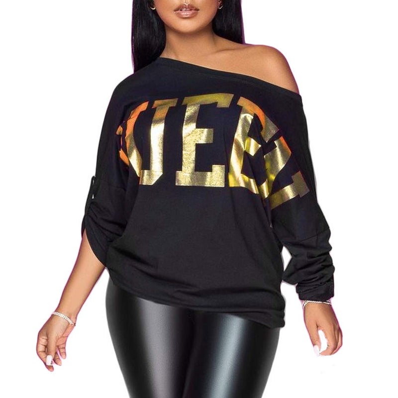 PESION Womens Off The Shoulder Tops Sexy Shiny Shirts Long/Short Sleeves Fashion Graphic T-Shirts Blouses, Black+ Gold Large - Image 1
