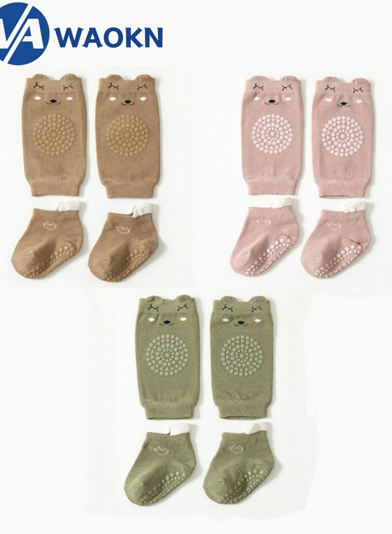 WAOKN 3 Pairs of Baby Knee Pads + 3 Pairs of Non-Slip Cotton Socks for Baby Children Animal Design Baby Crawling  Crawling Knee Pads Baby Crawling Aid  multicoloured - Image 1