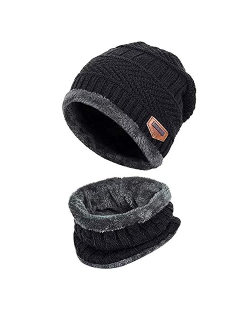 Men's and Women's Winter Knit Hat Beanie Long Scarf Touch Screen Glove Set Hat Neck Warm Glove Set with Fleece Lining black, One Size - Image 1