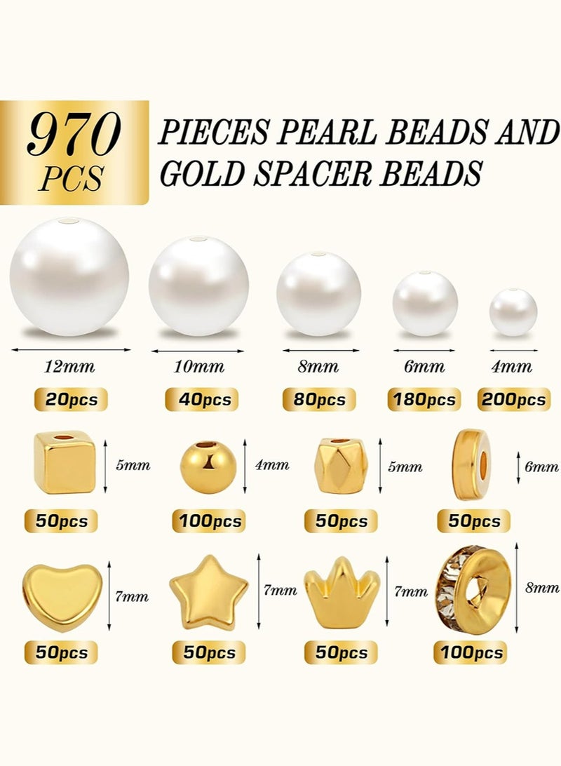YALONG 970 Pcs Pearl Beads for Bracelets Jewelry Making Kit, Pearls and Gold Spacer Beads for Jewelry Making Bracelets Making Kit for Adults Round Beads for Friendship Bracelets DIY Bracelet  Arts Crafts - Image 2
