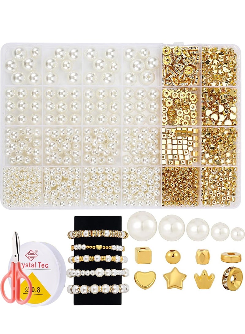 YALONG 970 Pcs Pearl Beads for Bracelets Jewelry Making Kit, Pearls and Gold Spacer Beads for Jewelry Making Bracelets Making Kit for Adults Round Beads for Friendship Bracelets DIY Bracelet  Arts Crafts - Image 1