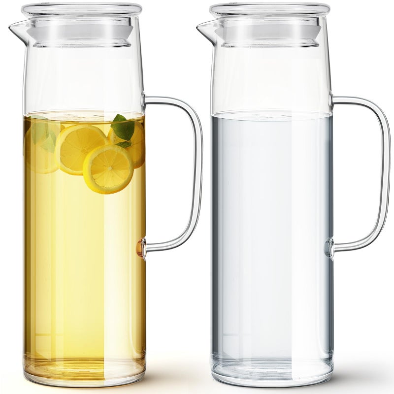 Hsei 2 Sets Glass Pitcher with Lid 50 oz  1500 ml Water Carafe with Handles Hot Cold Beverage Water Jar Glass Jug for Tea Juice Milk Coffee Iced Beverage Glass Lid