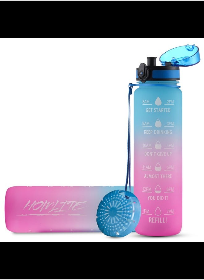 HOMLITE Motivational Sports Water Bottle With Straw 1L With Time Markings-One-Click Open, Bpa-Free, Leak-Proof, For Gym, Cycling, School & Work (Blue-Pink)  - Image 1