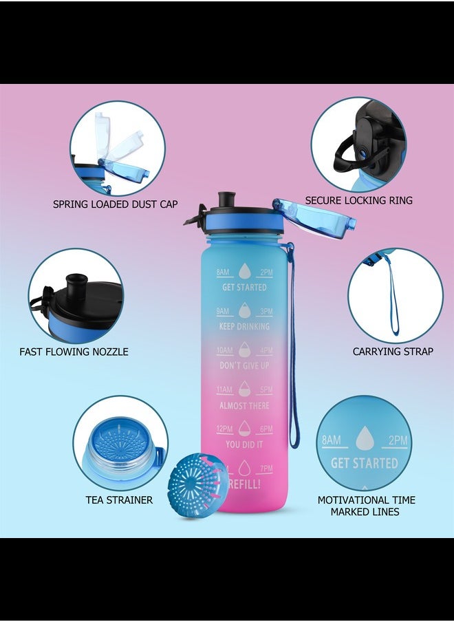 HOMLITE Motivational Sports Water Bottle With Straw 1L With Time Markings-One-Click Open, Bpa-Free, Leak-Proof, For Gym, Cycling, School & Work (Blue-Pink)  - Image 2