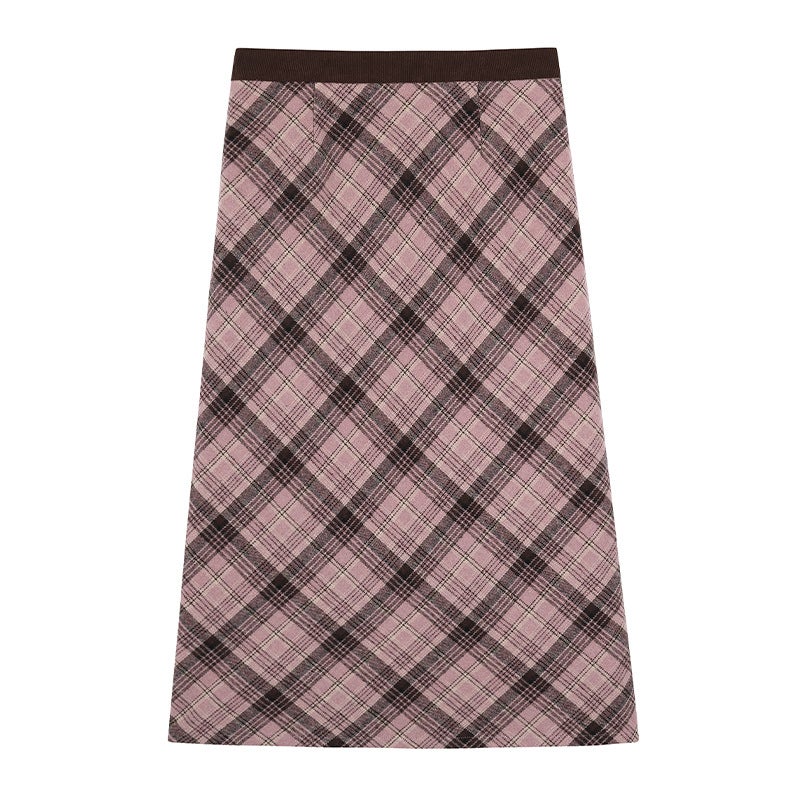 Retro High-Waist Slimming Plaid Wool Skirt Pink plaid 