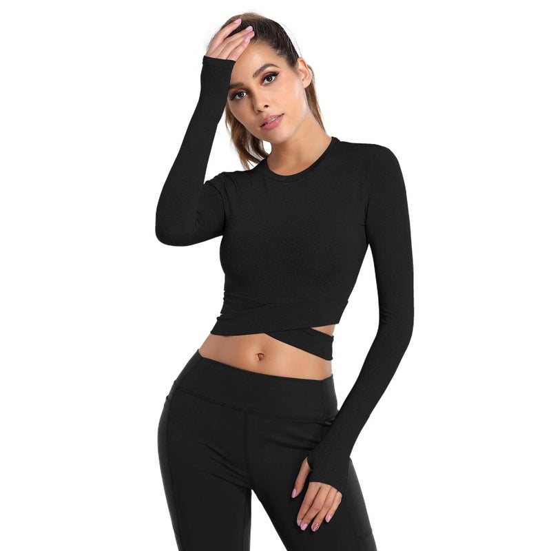 DREAM SLIM Women Long Sleeve Crop Tops Tummy Cross Crewneck Yoga Running Shirts Gym Workout Crop Tops with Thumb Holes (Black Long, M) - Image 1