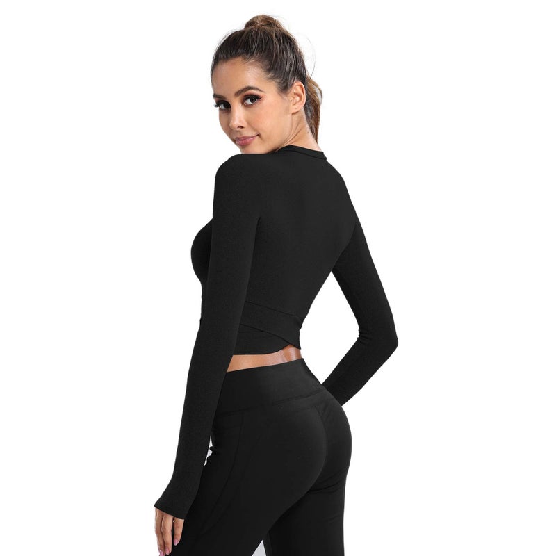 DREAM SLIM Women Long Sleeve Crop Tops Tummy Cross Crewneck Yoga Running Shirts Gym Workout Crop Tops with Thumb Holes (Black Long, M) - Image 2
