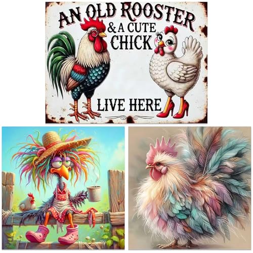 Meothan 3 Pack Diamond Art Kits for Adults, Chicken Diamond Painting Kits for Adults, 5D DIY Round Drill Gem Art Paint with Diamonds Dots Crafts Kits for Home Decor Gift 12x16in and 14x14in - Image 1