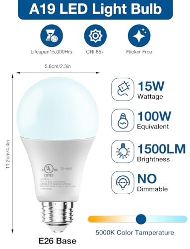 DAYBETTER LED Light Bulbs, A19 5000K Daylight Light Bulbs 100 Watt Equivalent, 1500LM Bright White Light Bulbs, E26 Standard Base, Non-Dimmable, 15 Watt Lightbulbs for Home Office, 12 Pack - Image 2