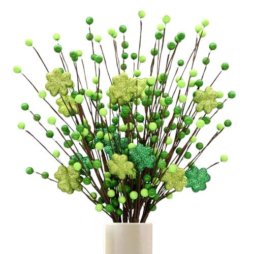 CRCZK 6 Pack Shamrock Berry Stems Decor, 24Inch Artificial Clover Stems for St. Patrick's Day Decorations, Festive Greenery St Patrick Berry Picks for Table Centerpieces and DIY Irish Holiday Crafts - Image 1