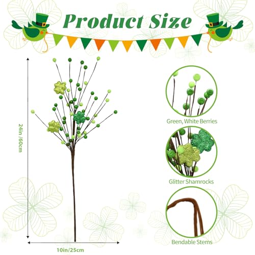 CRCZK 6 Pack Shamrock Berry Stems Decor, 24Inch Artificial Clover Stems for St. Patrick's Day Decorations, Festive Greenery St Patrick Berry Picks for Table Centerpieces and DIY Irish Holiday Crafts - Image 3