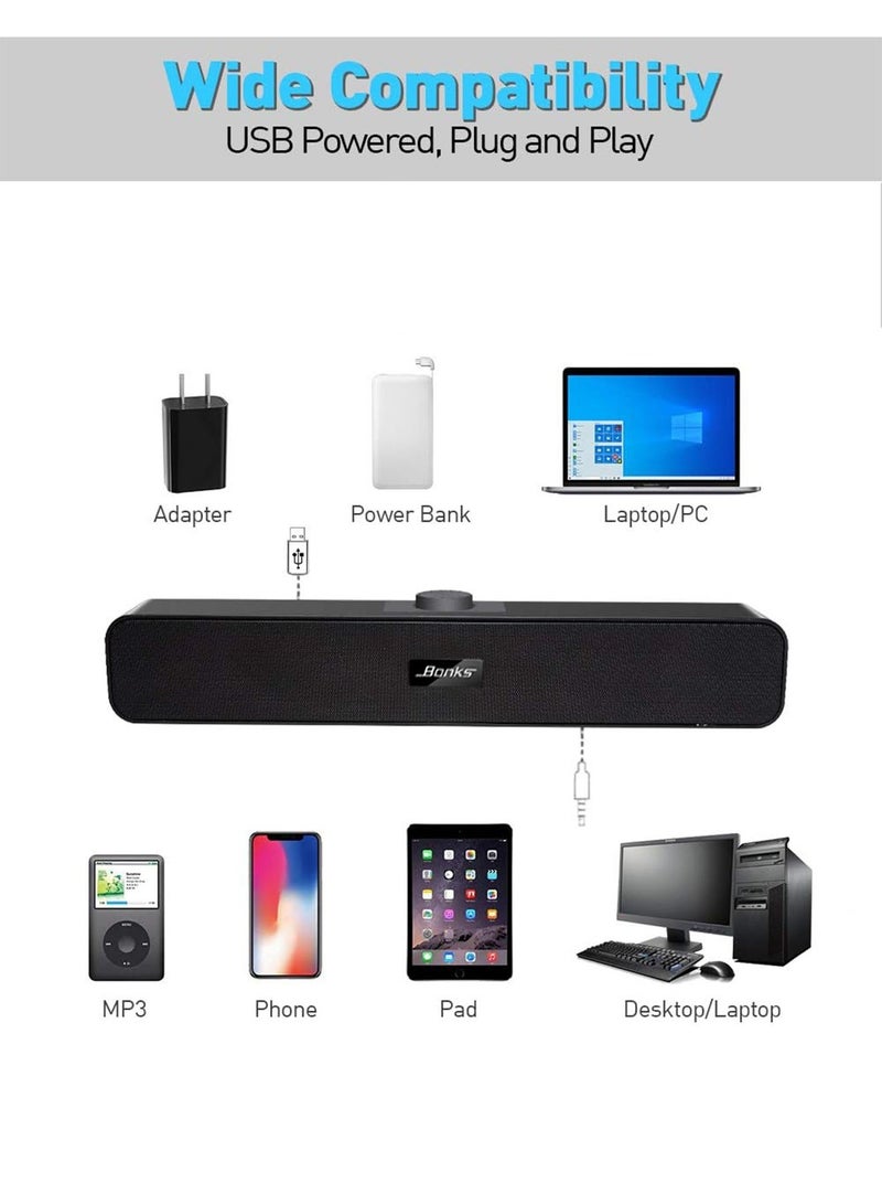 BONKS Computer Speakers with 3.5 mm Aux, Small PC Speakers Powered by USB, Wired USB Desktop Speaker, USB Soundbar for Monitor, Mini Stereo Speaker for PC, Tablets, Laptop, Tablets, Xbox, Plug and Play - Image 5