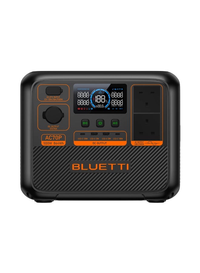 BLUETTI AC70P Portable Power Station 1000W, 864Wh LiFePO4 Battery, Fast Charging Solar Generator, UPS Power Bank for Outdoor Camping, Travel & Home Emergency Backup - Image 1