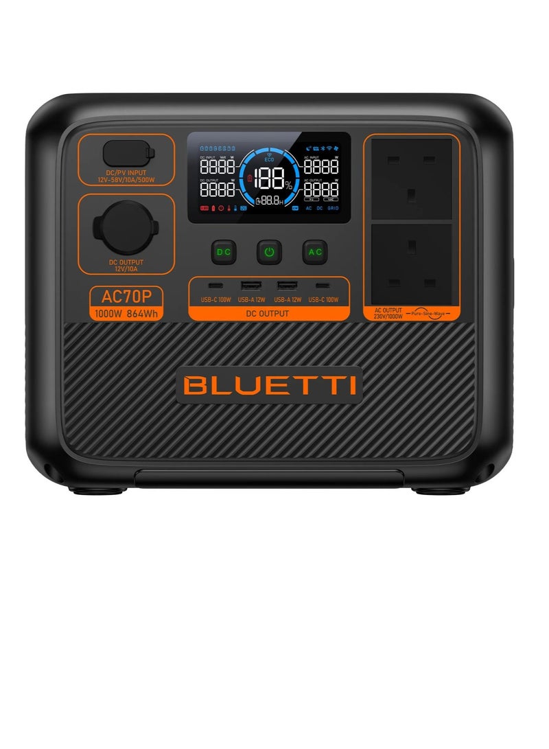 BLUETTI AC70P Portable Power Station 1000W, 864Wh LiFePO4 Battery, Fast Charging Solar Generator, UPS Power Bank for Outdoor Camping, Travel & Home Emergency Backup - Image 2