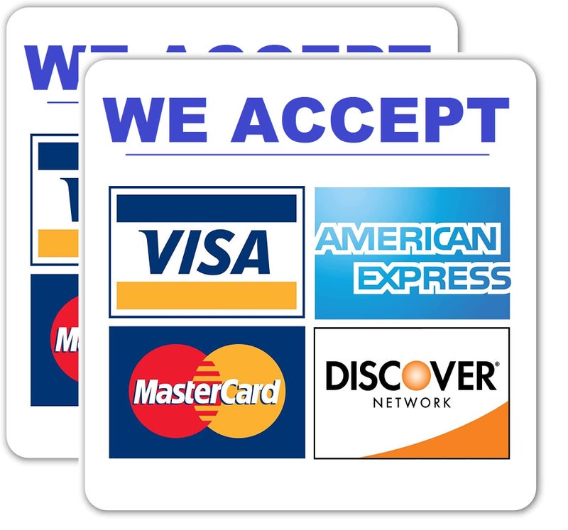 ملصق 2 قطعة نقبل بطاقات الائتمان الرئيسية 8 بوصات GPay ApplePay AmEx MasterCard Visa Discover مدفوعات ملصق بطاقة الائتمان لواجهة المتجر مربع