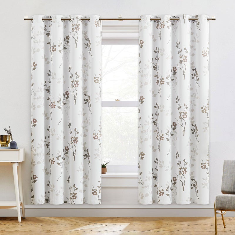 Beauoop Floral 100% Blackout Curtains 72 Inches Long 2 Panels for Bedroom Living Room Tan Brown and White Flower Patterned Room Darkening Thermal Soundproof Grommet Window Treatments Drapes, 52X72 - Image 1
