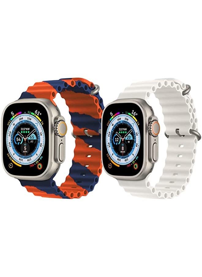 vesus - Silicone Ocean Band Strap for Apple Watch Ultra 8 49mm Orange/Blue Double Line Strap with White Single Color Strap Set of 2 - Image 1