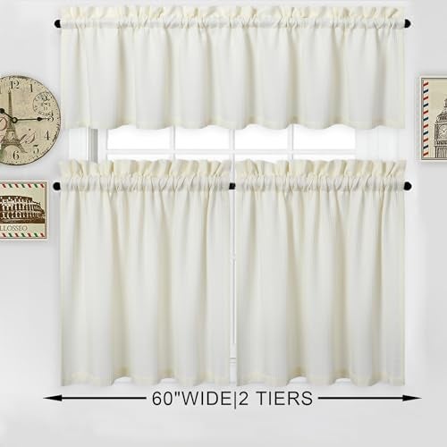NANAN Short Tier Curtains, Waffle Weave Textured Bathroom Curtains Window Covering Kitchen Cafe Curtains - 30" x 54", Ivory, Set of 2 - Image 3