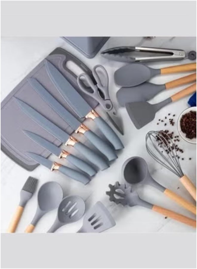JAJEEK 19-Piece Silicone Kitchen Utensil Set with Heat-Resistant Nonstick Tools & Stylish Wooden Handles in Grey – Complete Cookware Collection Including Stainless Steel Knives, Chopping Board, Spatula, Turner, Whisk, Spoon, Tongs, Measuring Cups – Durable & Easy-to-Clean for Modern Kitchens - Image 2