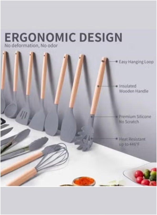 JAJEEK 19-Piece Silicone Kitchen Utensil Set with Heat-Resistant Nonstick Tools & Stylish Wooden Handles in Grey – Complete Cookware Collection Including Stainless Steel Knives, Chopping Board, Spatula, Turner, Whisk, Spoon, Tongs, Measuring Cups – Durable & Easy-to-Clean for Modern Kitchens - Image 3