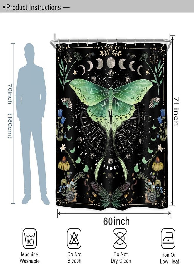 Miyotaa Moth Witchy Gothic Shower Curtain Set 60Wx71H Inches Moon Phase Teal Wildflower Plant Mysterious Night Moonlit Butterfly Botanical Polyester Bathroom Curtain with 12 Hooks - Image 3