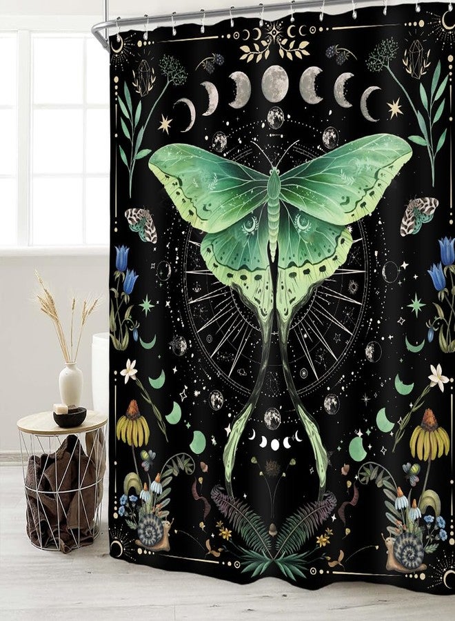 Miyotaa Moth Witchy Gothic Shower Curtain Set 60Wx71H Inches Moon Phase Teal Wildflower Plant Mysterious Night Moonlit Butterfly Botanical Polyester Bathroom Curtain with 12 Hooks - Image 2
