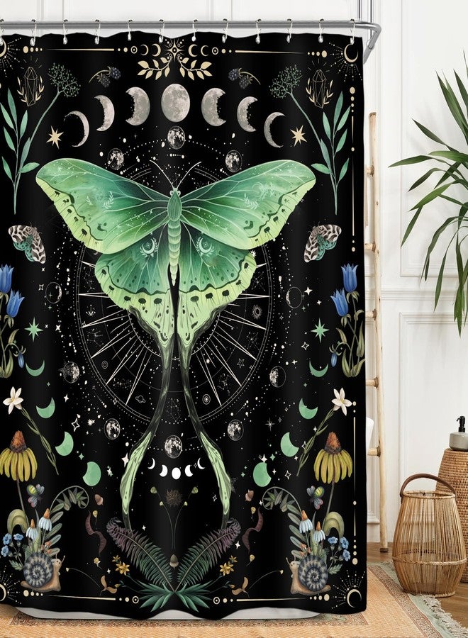 Miyotaa Moth Witchy Gothic Shower Curtain Set 60Wx71H Inches Moon Phase Teal Wildflower Plant Mysterious Night Moonlit Butterfly Botanical Polyester Bathroom Curtain with 12 Hooks - Image 1
